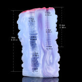 Octopus Orana dual-hole vibrator dimensions graphic on blue-and-pink textured body