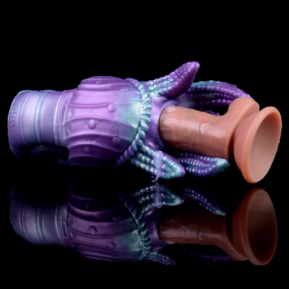 Octopus Qhela masturbator with round base ends and tentacles in purple/teal