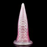 Conical tip pink translucent tentacle dildo with small suction-cup bumps and thick base