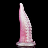 Pink translucent tentacle dildo in side angle with raised suction-cup rings; flared base