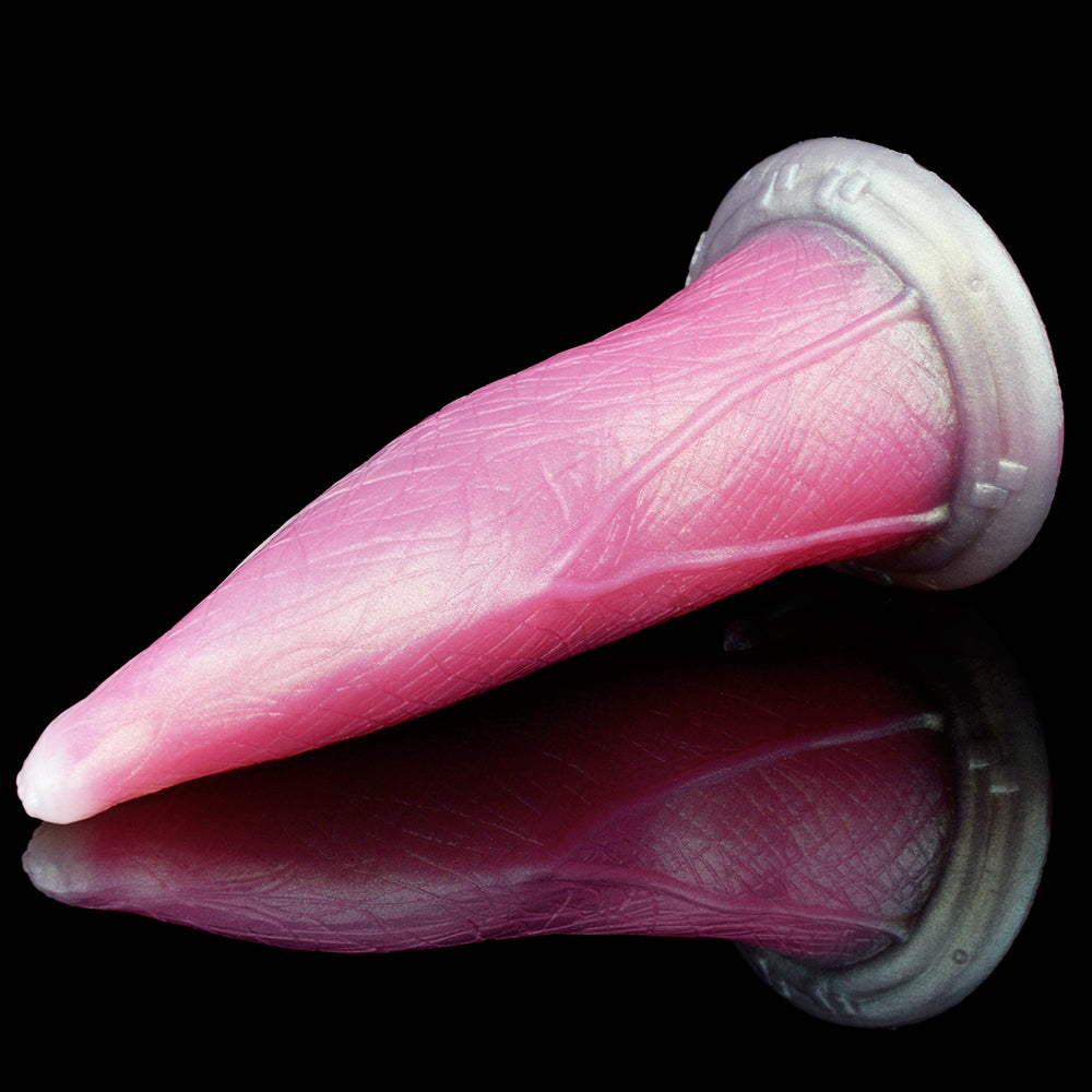 Close-up pink translucent tentacle dildo with ribbed skin-like texture and wide base