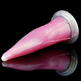 Close-up pink translucent tentacle dildo with ribbed skin-like texture and wide base