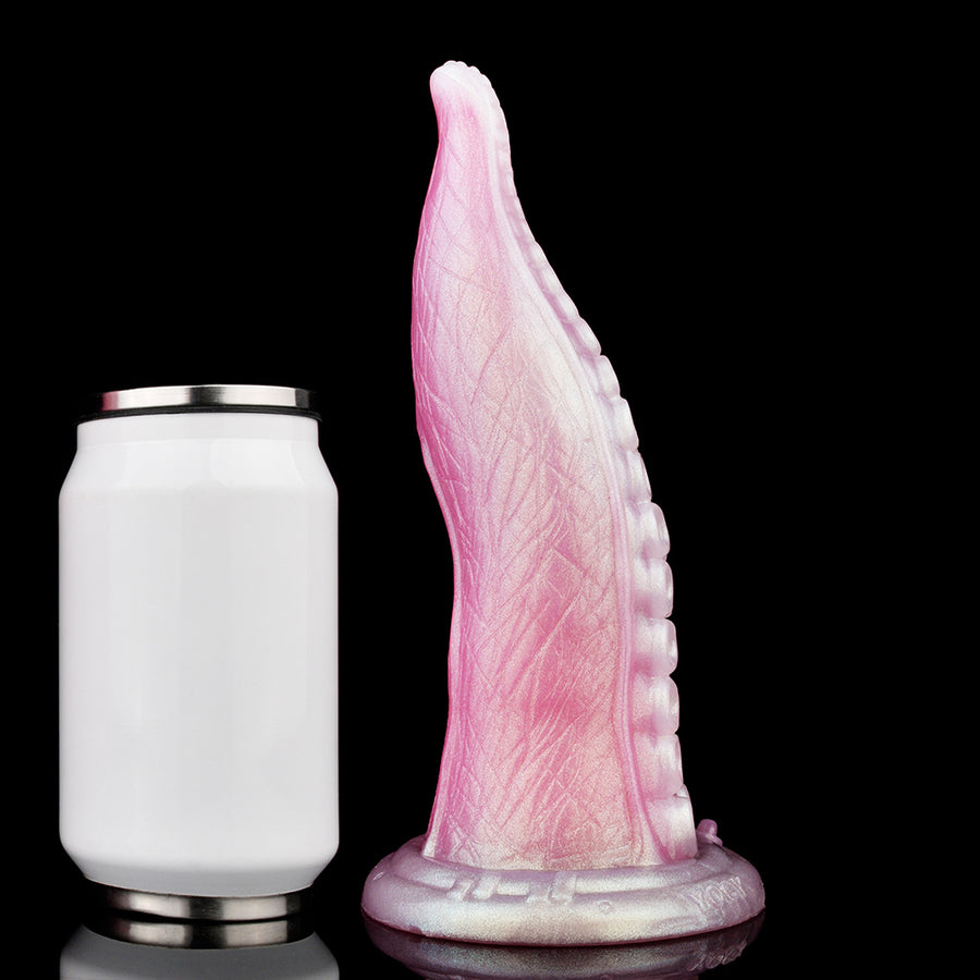 Standing pink tentacle dildo with textured bumps and wide suction base ring.