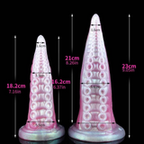 Pink translucent tentacle coil dildo with size diagram overlay; flared suction-cup base