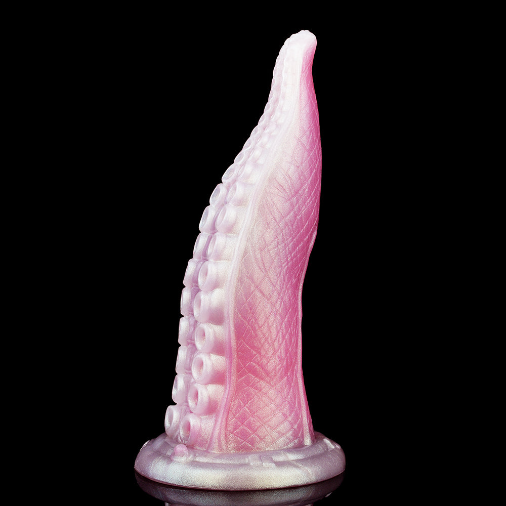 Pink translucent tentacle coil dildo with suction texture and flared base; upright view