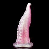 Pink translucent tentacle coil dildo with suction texture and flared base; upright view