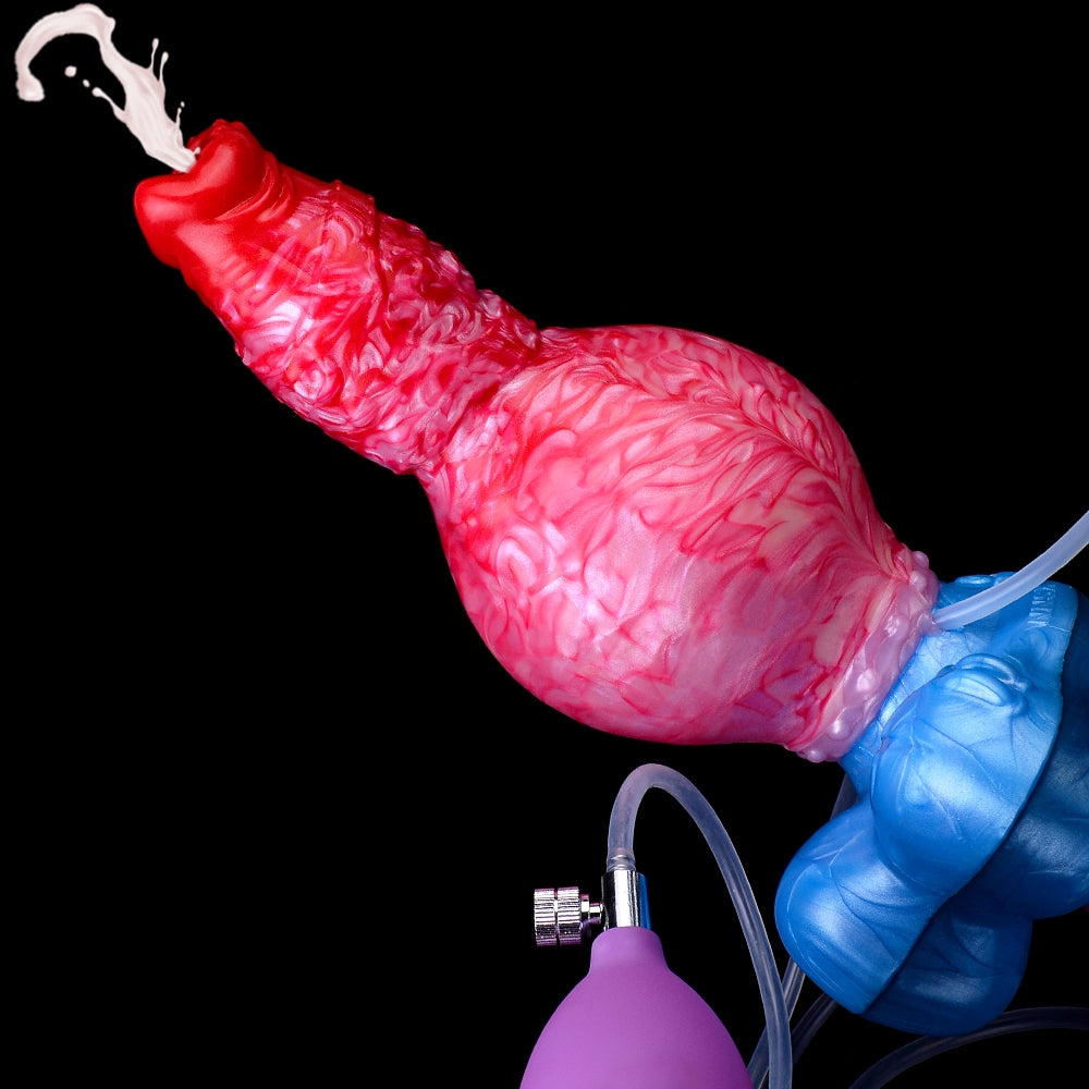 Fantasy Beast Pump-Up Dog Dildo, seitlich, pinkes Muster, blauer Fuß, Schlauchanschluss