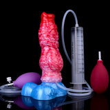 Fantasy Beast Pump-Up Dog Dildo mit Spritze/Skala, pinkes Muster, blauer Basisring