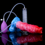 Fantasy Beast Pump-Up Dog Dildo, seitlich mit Messzylinder, pinkes Muster und Schläuche