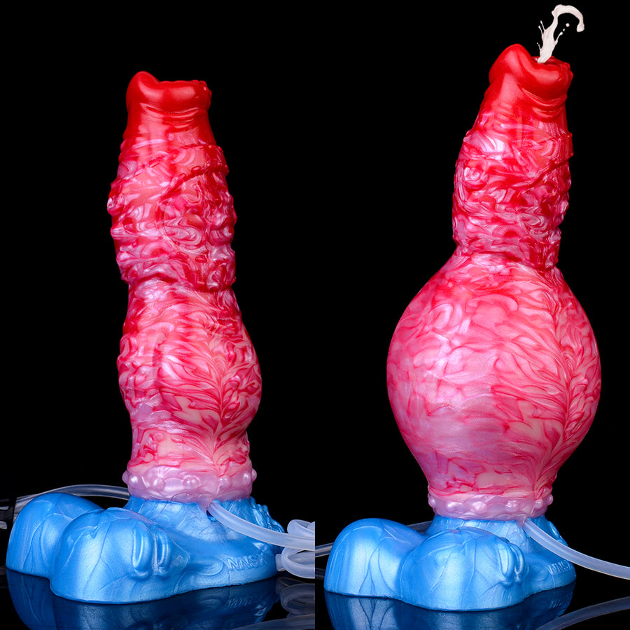 Inflatable fantasy dog toy showing two red body angles with blue air-bag base and hose