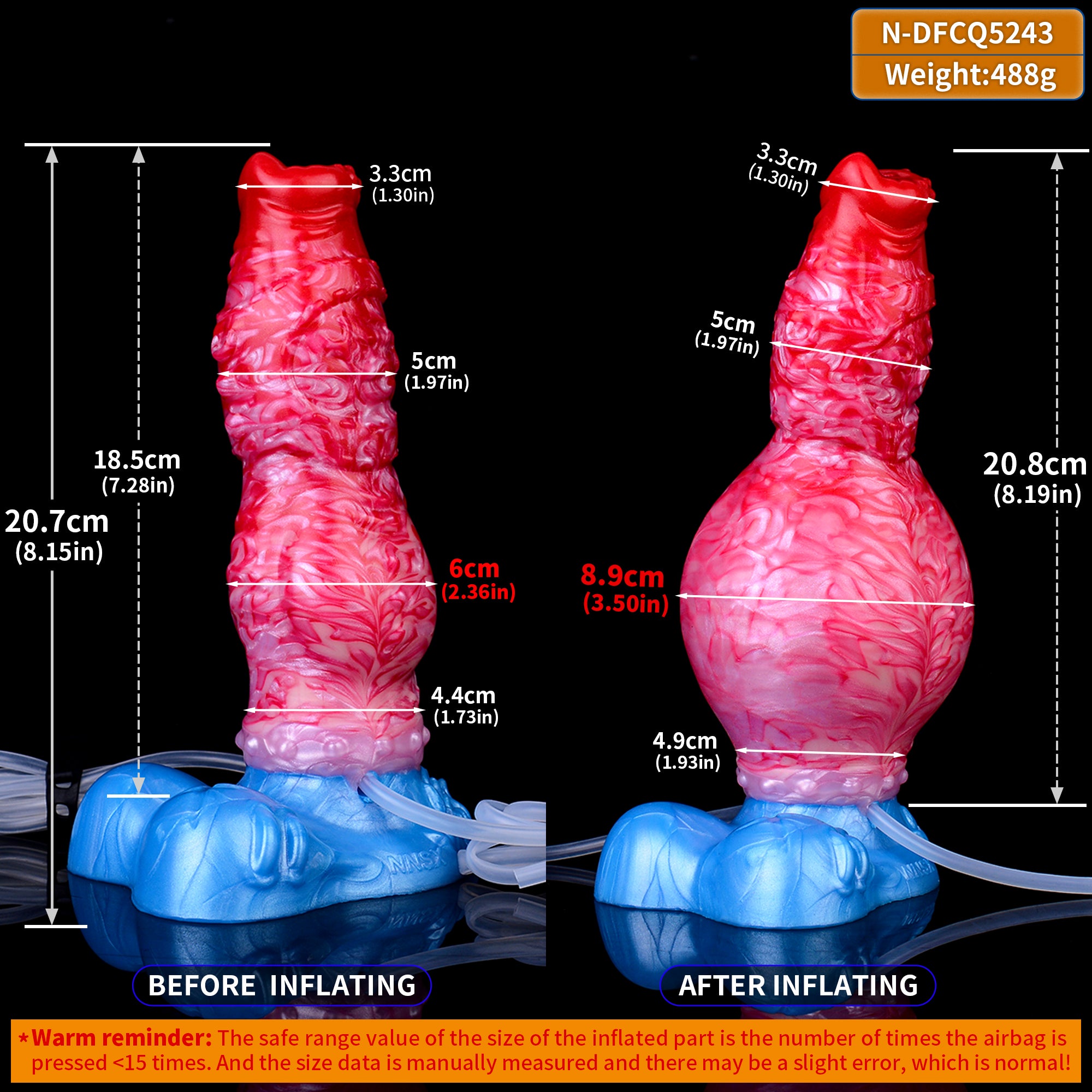 Fantasy Beast Pump-Up Dog Dildo, Größenangaben: pinker Körper vor/nach dem Aufblasen