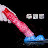 Fantasy Beast Pump-Up Dog Dildo, Belastung/Schutz, pinkes Muster über blauem Sockel