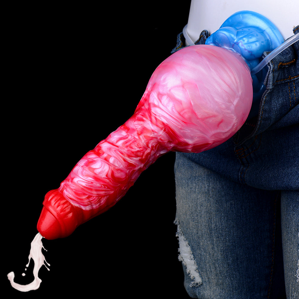 Inflatable dog dildo with pink swirled finish, red end cap, blue base and clear hose