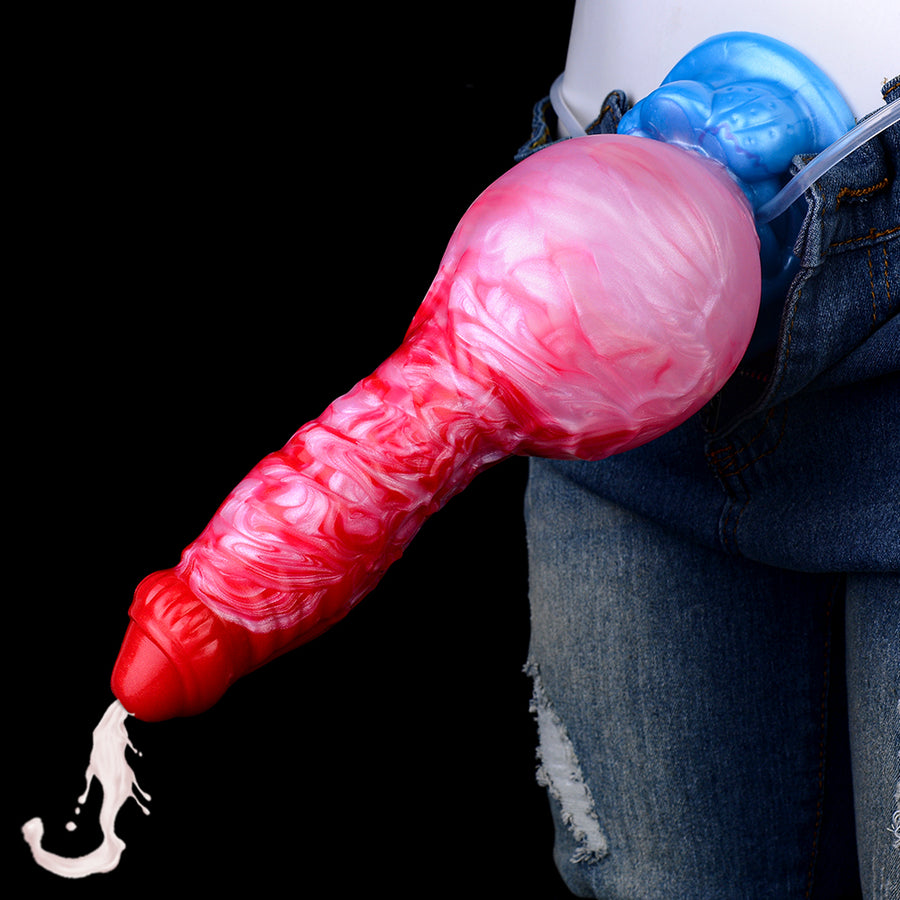 Pink and red translucent inflatable toy with blue base, extended view and tubes