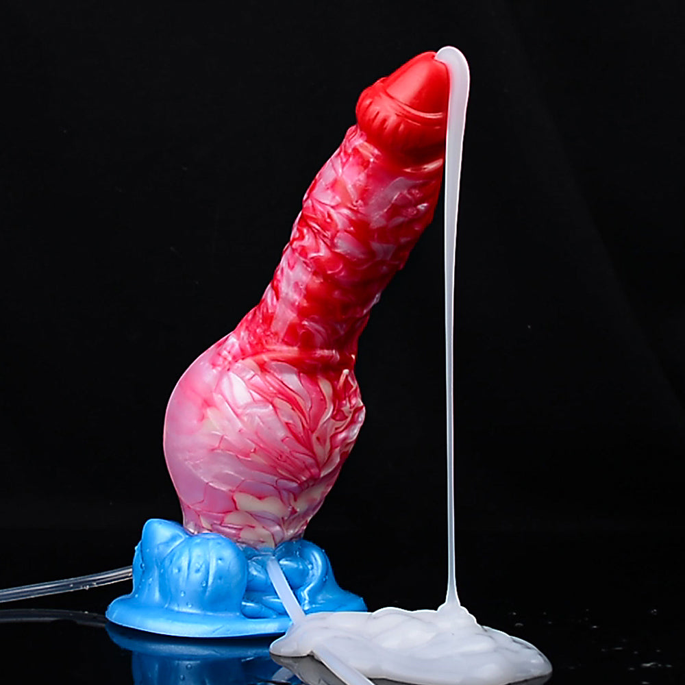 Inflatable dog dildo with clear filling tube from base; pink/red body and blue base