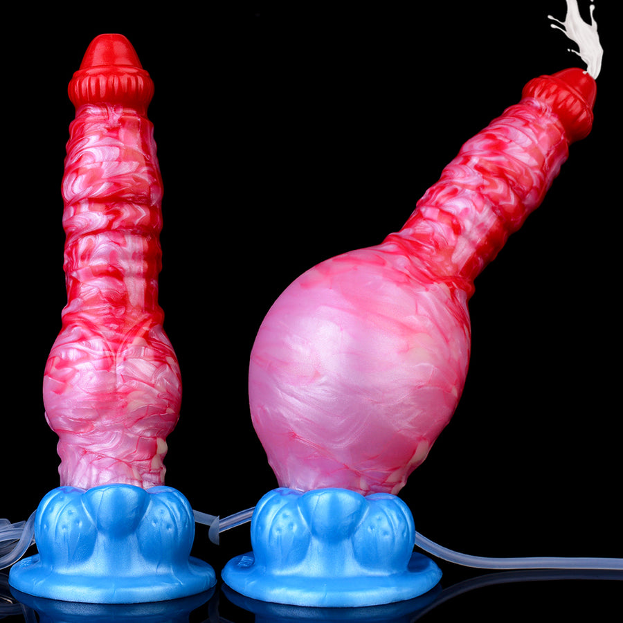 Two red and pink translucent inflatable novelty toys with blue bases and hoses