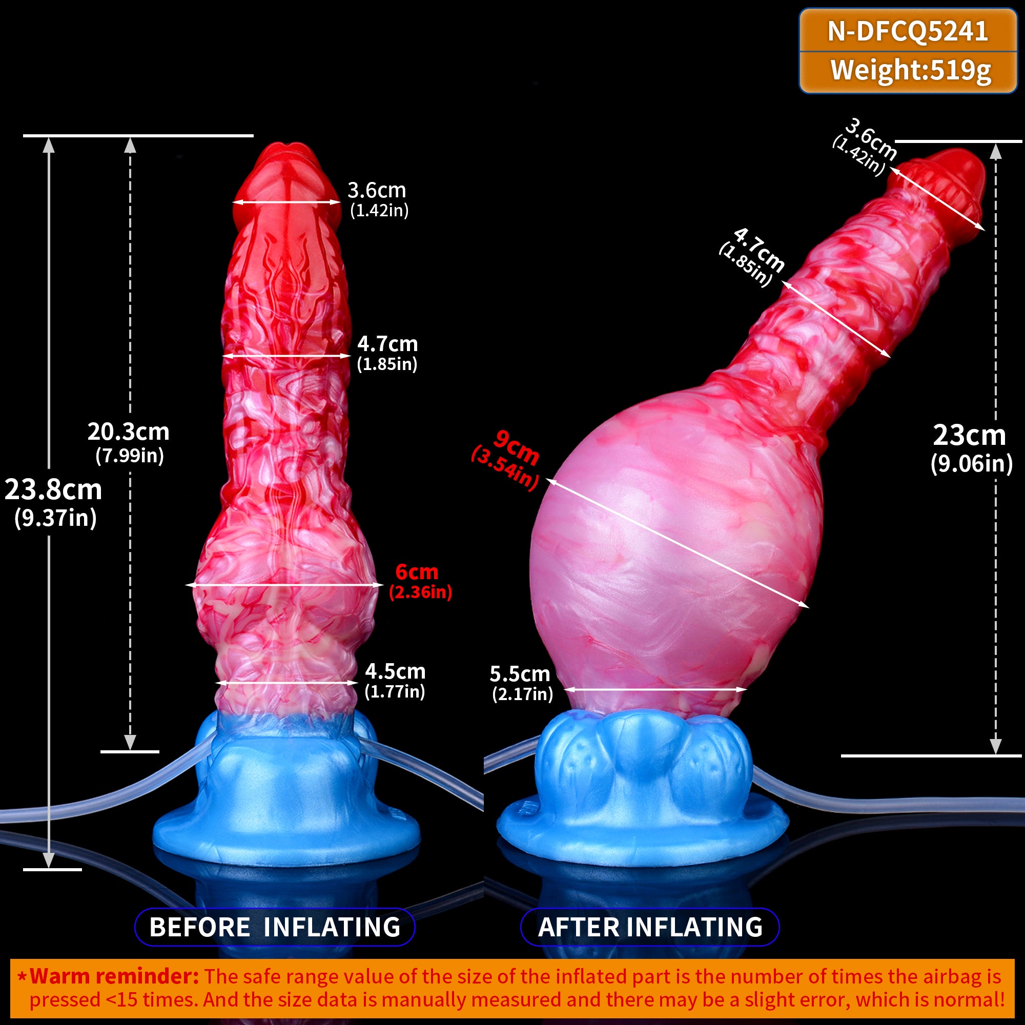 Inflatable dog dildo size chart: red tip, pink body, blue base, about 23.8 cm length