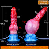 Inflatable dog dildo size chart: red tip, pink body, blue base, about 23.8 cm length