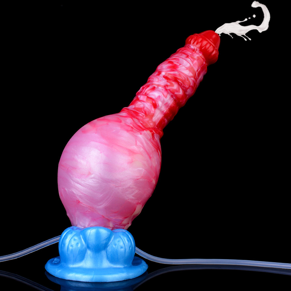 Inflatable dog dildo, pink body with red tip and blue base; clear tube trailing