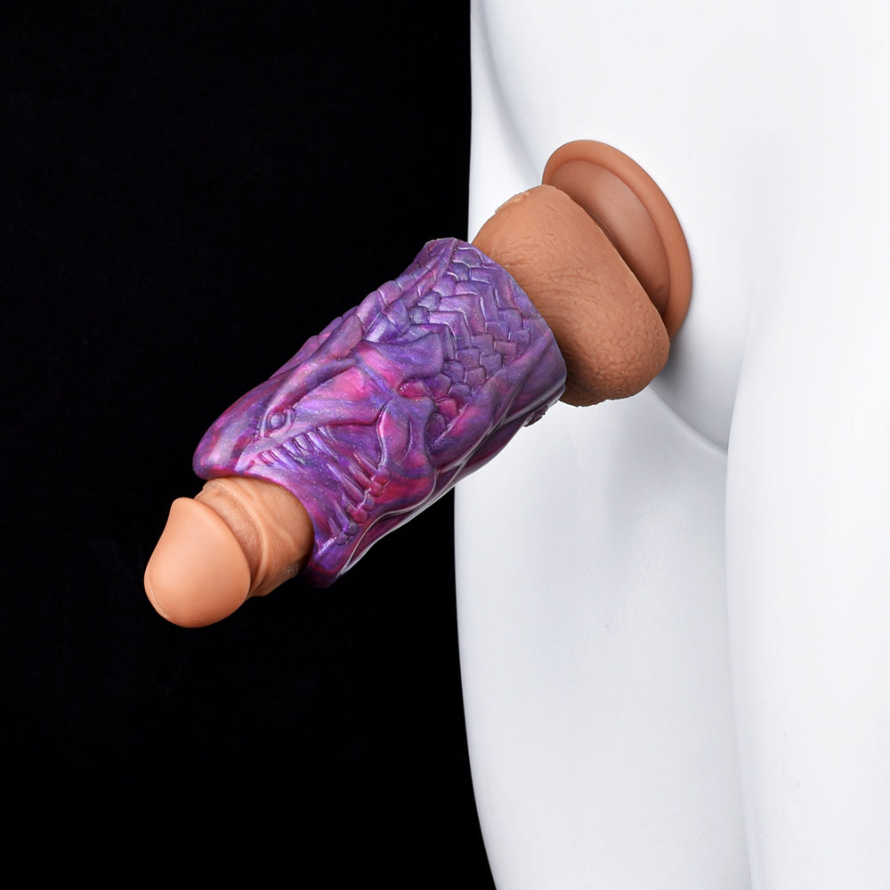 Purple dragon penis sleeve with open tip and textured scale pattern, side view