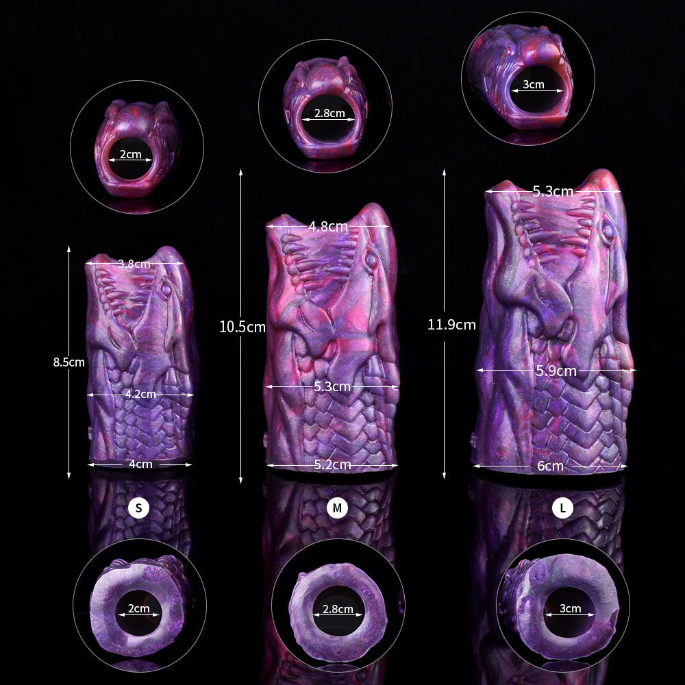 Size chart for purple dragon penis sleeve: S, M, L with key measurements