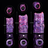 Size chart for purple dragon penis sleeve: S, M, L with key measurements