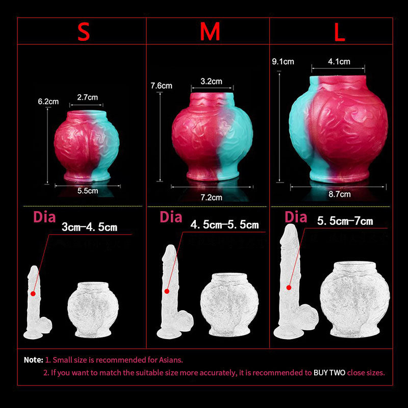 Dog knot cock ring size chart: S, M, L with diameter and length ranges
