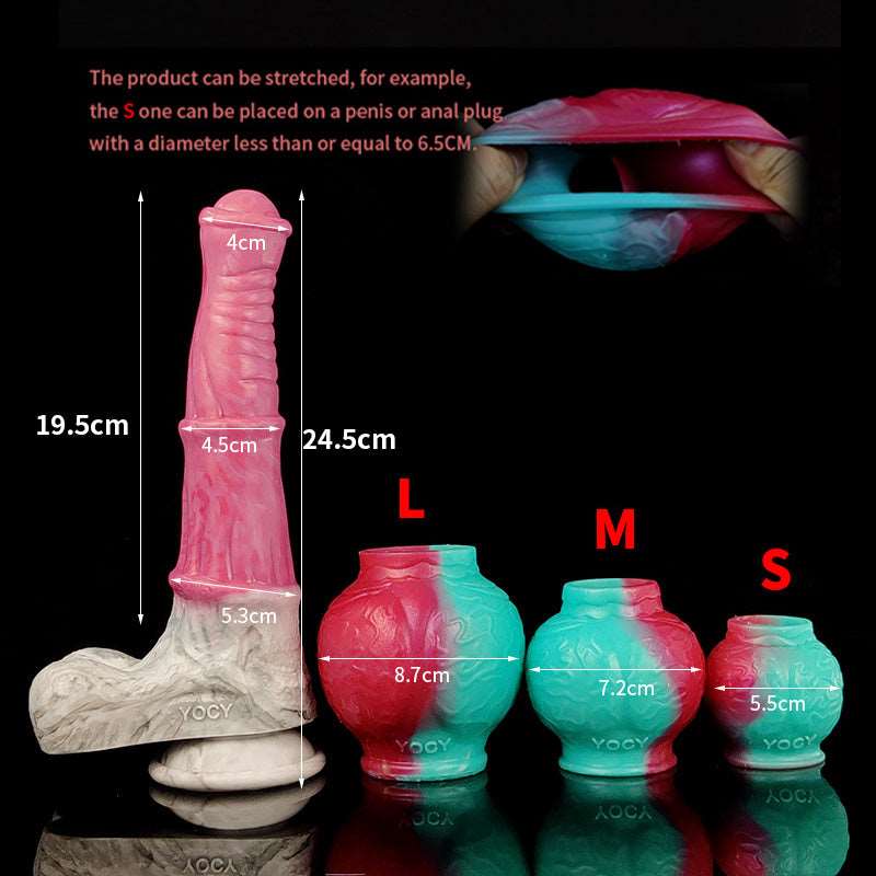 Stretched dog knot cock ring with pink-and-teal gradient and size measurements