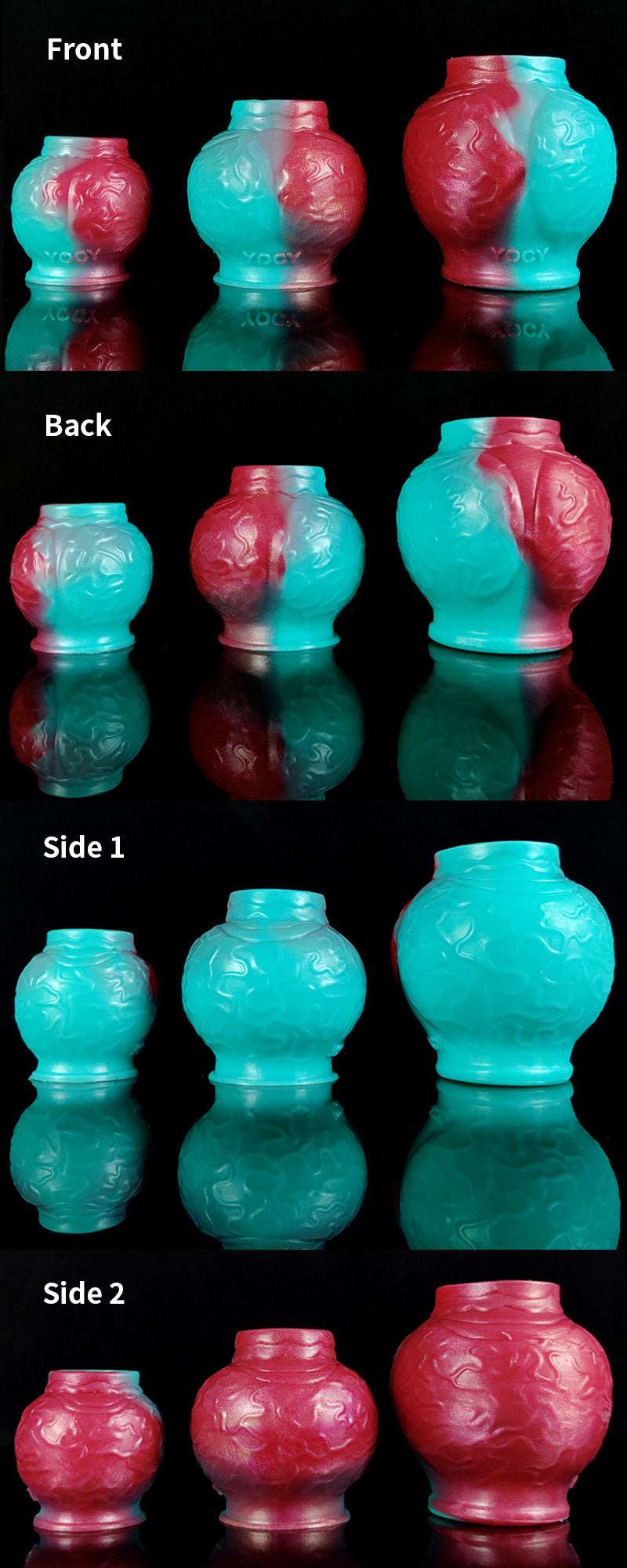 Dog knot cock ring angles: front, back, and sides in pink-and-teal gradient