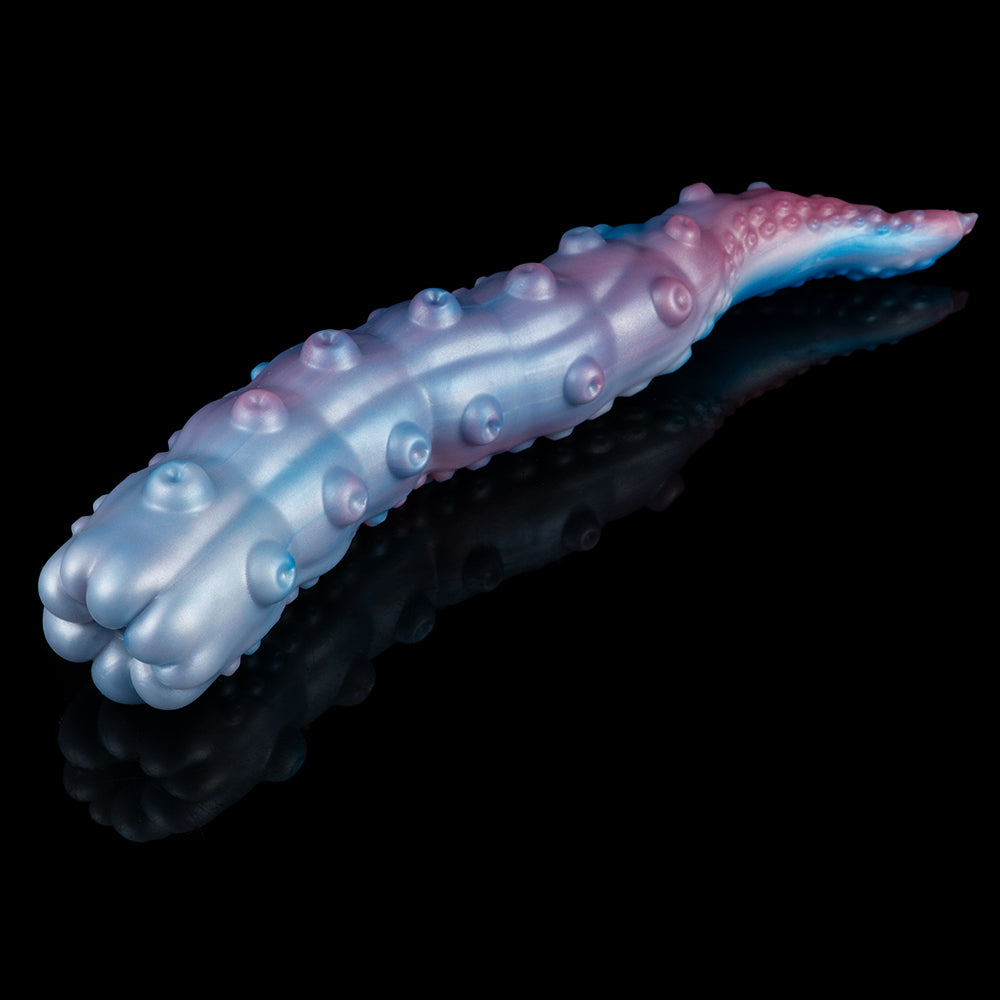 Blue-and-pink curved pleasure device with raised bumps and rounded head