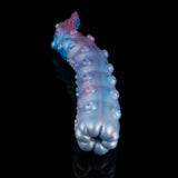Blue-and-pink pleasure device with rounded head tip and textured raised bumps
