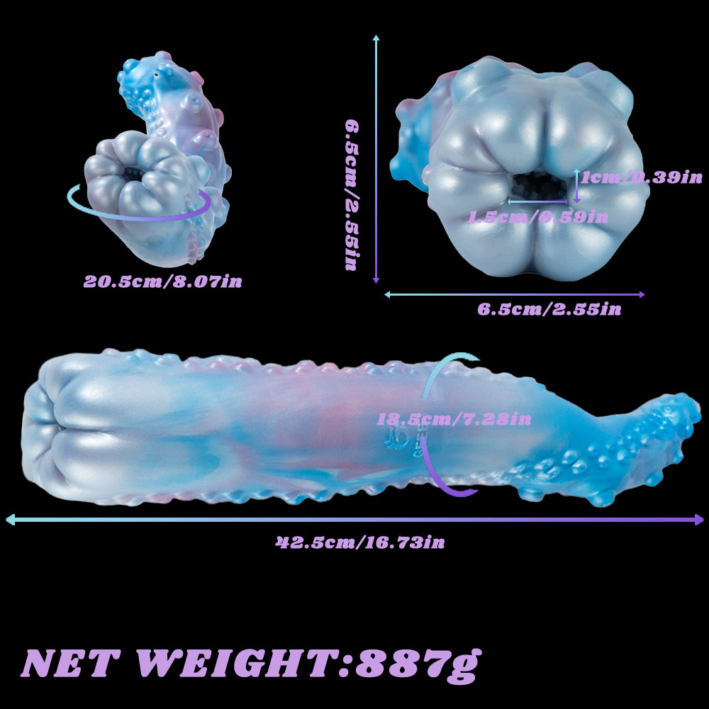 Blue-and-pink pleasure device with measurement diagram showing overall length and width
