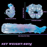 Blue-and-pink pleasure device with measurement diagram showing overall length and width
