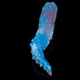 Blue-and-pink curved pleasure device shown from side with textured bumps