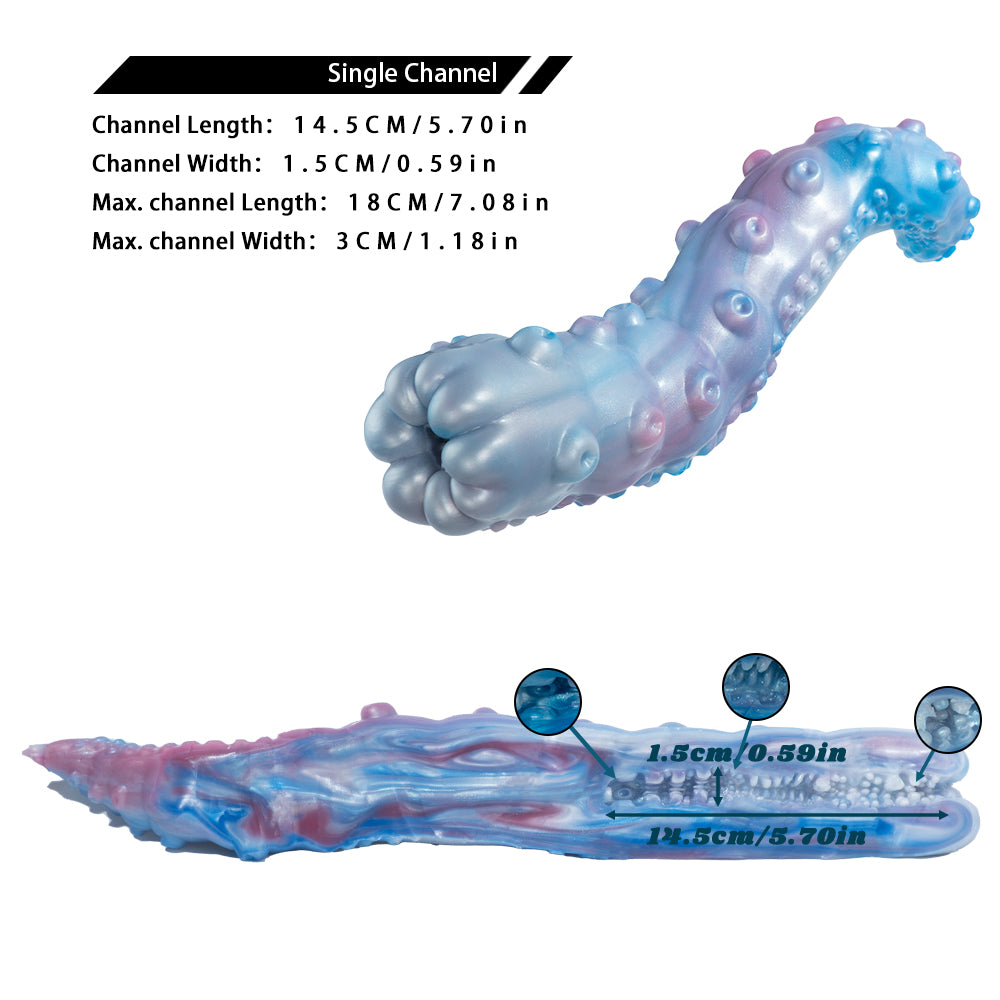 Blue-and-pink curved pleasure device on white background with size labels and diagrams