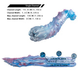Blue-and-pink curved pleasure device on white background with size labels and diagrams