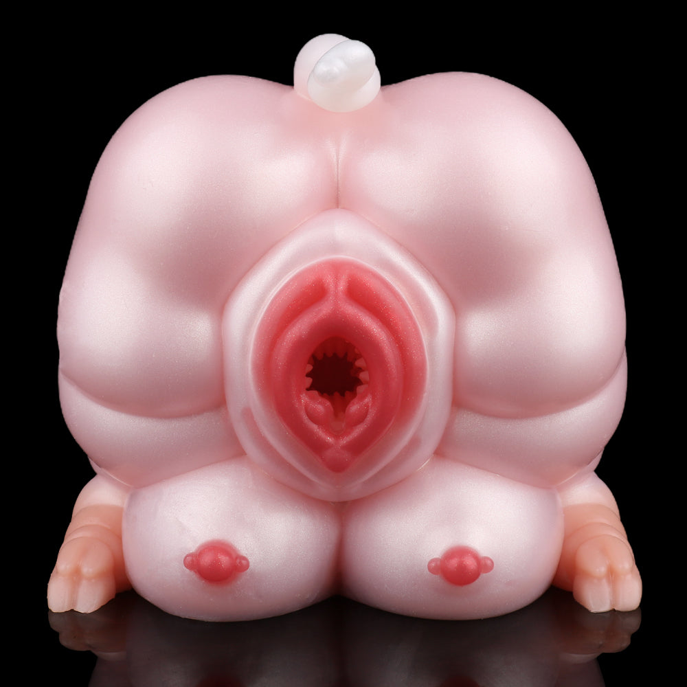 Pink pig-shaped fleshlight, front view with red opening and small red teardrop accents