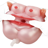 Pink pig-shaped fleshlight wrapped with white-gloved hands, showing red opening