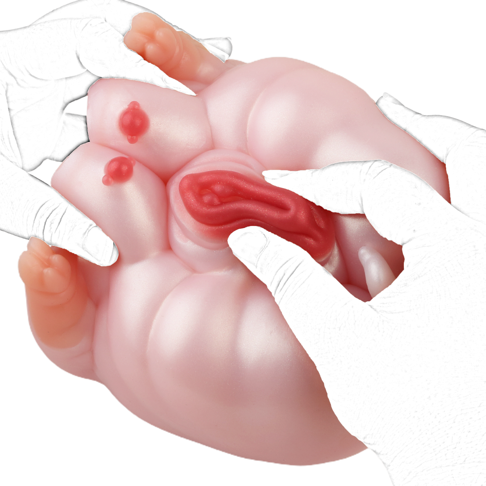 Pink pig-shaped fleshlight held by white-gloved hands, red inner channel visible