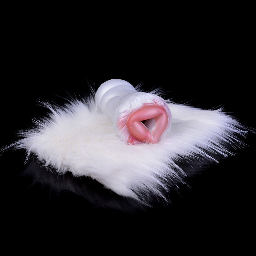 White polar bear furry fleshlight, angled view with plush fur covering