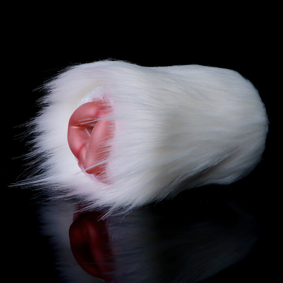 Polar bear plush masturbator with heart-shaped pink inner opening in white fur