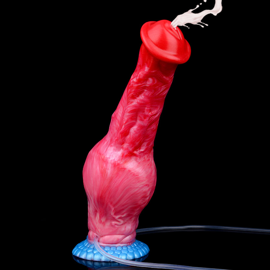 Red textured sex toy dildo with flared top and blue patterned pump base, attached hose