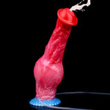 Red/pink extreme horse pump dildo with textured blue base and connected tube