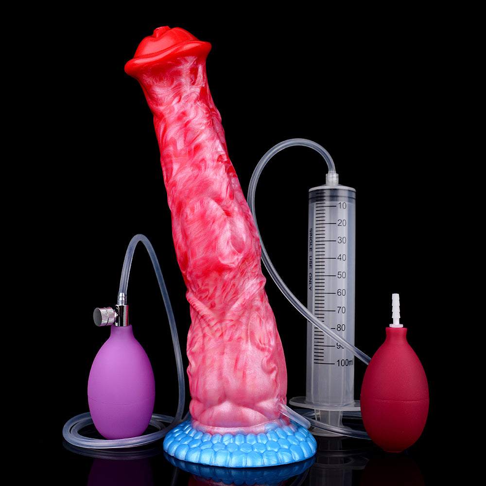 Red/pink pump dildo with blue base, measuring cylinder and inflating bulbs