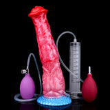 Red/pink pump dildo with blue base, measuring cylinder and inflating bulbs