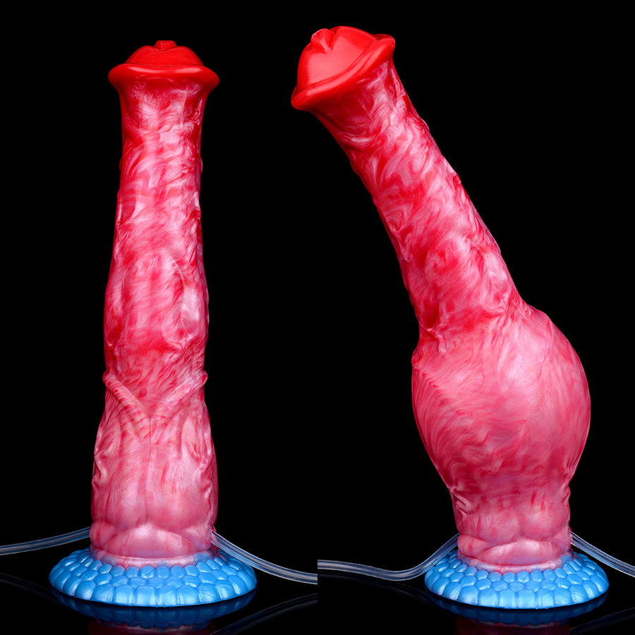 Red textured dildo standing on two blue pump bases with hoses