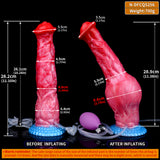 Red/pink horse pump dildo diagram with blue base and size measurements