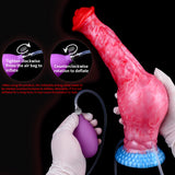 Red/pink dildo with blue textured base and inflator hose; glove holding bulb