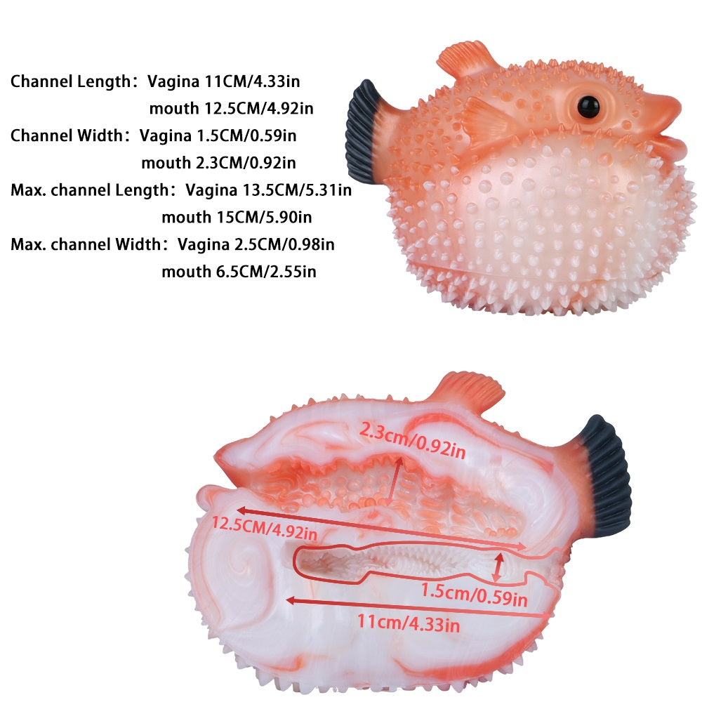 Pink pufferfish stroker cutaway showing inner channel and mouth opening