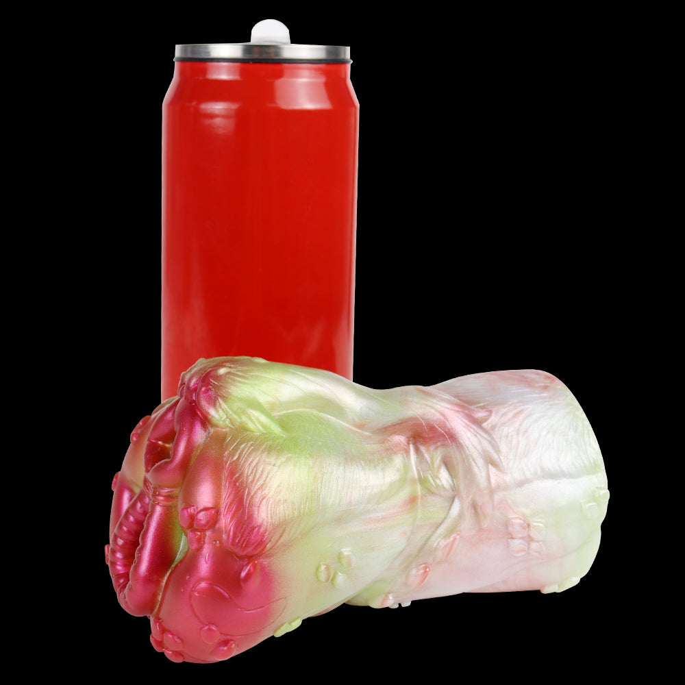 Unicorn fleshlight on red base, glossy pastel pink and pale green sculpted design